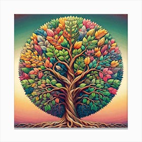 "Seasons of Life: The Majestic Tree" - This artful depiction of a robust tree is a celebration of life's ever-changing seasons, reflected in the myriad of colors adorning its leaves. From the fresh greens of spring to the warm oranges of autumn, each leaf is a brushstroke in the painting of time. The strong, intertwined roots suggest stability and connection to the earth, while the expansive canopy reaching upwards symbolizes growth and aspiration. This piece is an ode to nature's resilience and beauty, perfect for bringing a sense of natural wonder and the passage of time into any living space. It's a visual feast that encourages viewers to contemplate the cycles of nature and life. Canvas Print