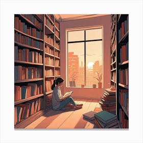 Girl Reading Book In Library Alone Art Print (2) Canvas Print