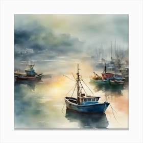Watercolor Of Fishing Boats Canvas Print