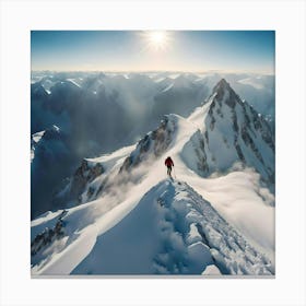 Mountaineer On Top Of A Snowy Mountain Canvas Print