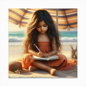 Little Girl Writing On The Beach 1 Canvas Print
