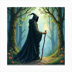 Black Magic Mage With An Enchanted Watercolor Forest 1 Canvas Print