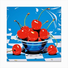 Cherries Pop Art Blue Checkerboard 1 Canvas Print