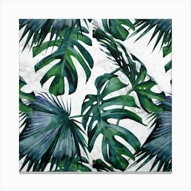 Tropical Leaves Palm and Monstera on Marble Canvas Print