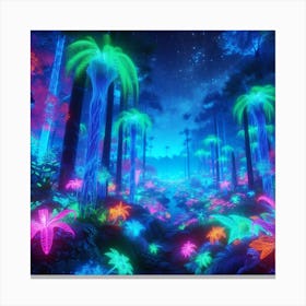 A surreal, bioluminescent jungle where towering, neon-hued flora and fauna create a vibrant, psychedelic ecosystem under a starlit canopy. Canvas Print