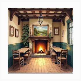 A Cozy English Pub Interior With A Crackling Fire And Wooden Beams, Watercolor Style 1 Canvas Print