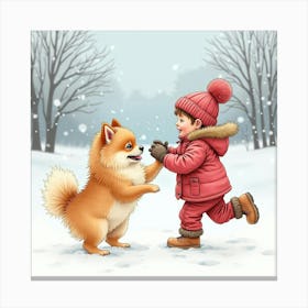 Playful Pomeranian Puppy And Child Playing In The Snow, Watercolor 1 Canvas Print