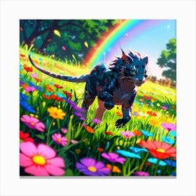 Rainbow Cat In The Meadow Canvas Print