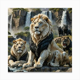 Lions At The Waterfall Canvas Print