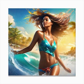 Beautiful Woman In Bikini Surfing Canvas Print