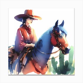 Watercolor Cowgirl Riding A Horse Canvas Print