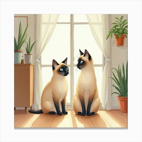 A Gentle Siamese Cat Sitting Beside Its Owner In A Tranquil Room, Watercolor 1 Canvas Print