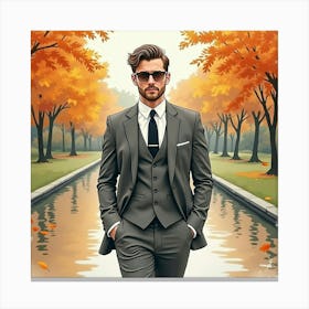 Sophisticated Man In Watercolor Suit, Serene Autumn Park 1 Canvas Print