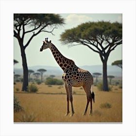 A Majestic Giraffe Standing Among Acacia Trees 1 Canvas Print