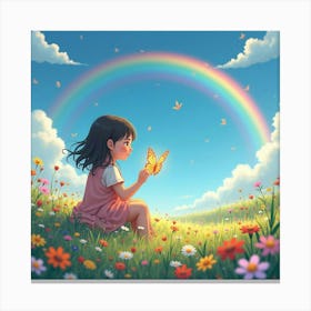 A Girl Sitting In A Field Of Flowers, Holding A Glowing Butterfly, With A Rainbow In The Sky Canvas Print