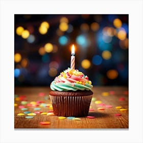 Birthday Celebration Cupcake Adorned With Vibrant Hued Frosting Single Candle Alight Casting A So (6) Canvas Print