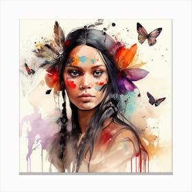 Watercolor Floral Indian Native Woman #6 Canvas Print