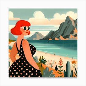 Polka Dot Woman On The Beach Canvas Print