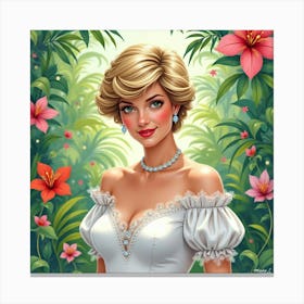 Elegant Princess Diana With A Lively Tropical Watercolor Garden Scene Canvas Print