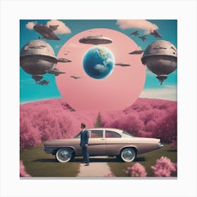 Make A Surreal Vintage Collage Of A Field With Planet Earth At The Center, A Couple Watching, Flying (8) Canvas Print