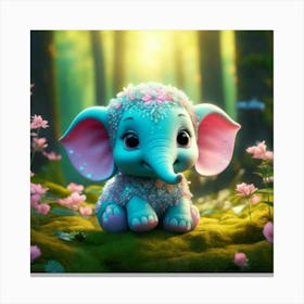 Firefly 3d, Animated, Cute, Little, Round, Turquoise, Elephant, Baby, Forest, Pink Flowers, Whimsica (1) 1 Canvas Print