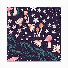 Mushroom Pattern On Purple With Florals Square Canvas Print