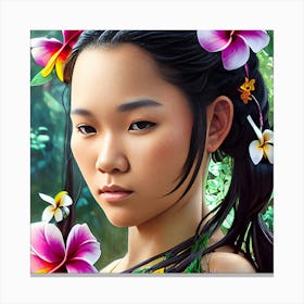 Beautiful Young Thai Woman Portrait With Tropical Flower Canvas Print