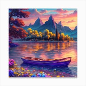 Sunset Boat On The Lake Canvas Print