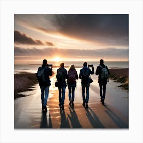 Group Of People Walking On The Beach At Sunset Canvas Print
