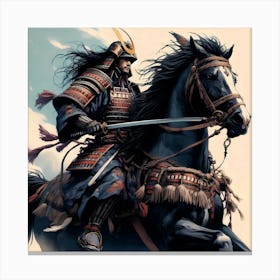 Samurai Witha Sword In Attck With A Black Horse Detail Color Drawing 1 Canvas Print