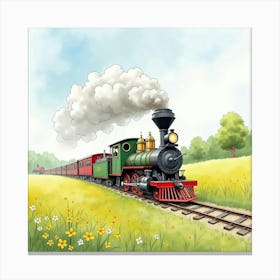 Rustic Train Chugging Through A Watercolor Painted Spring Meadow 1 Canvas Print