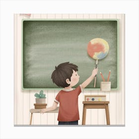 Boy Drawing On Chalkboard Canvas Print