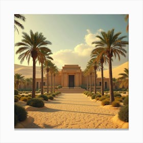 Ancient Egyptian Temple Surrounded By Lush Palm Trees And Golden Sand Dunes 1 Canvas Print