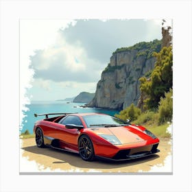 Lamborghini Murciélago With A Watercolor Dramatic Coastal Cliff 1 Canvas Print