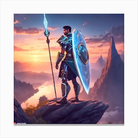 Warrior Standing On Top Of A Mountain Canvas Print