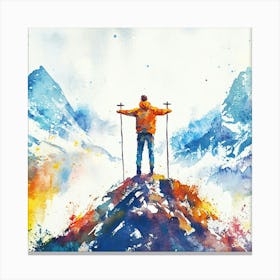 Mountaineer Standing On Top Of Mountain Canvas Print