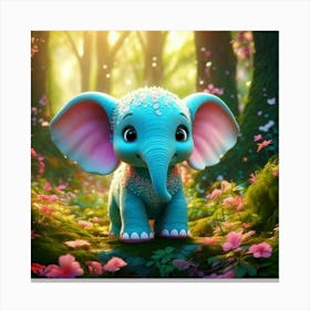 Firefly 3d, Animated, Cute, Little, Round, Turquoise, Elephant, Baby, Forest, Pink Flowers, Whimsica (5) Canvas Print