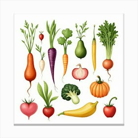 Delicate Watercolor Illustration Of Vibrant Vegetables And Fruits In An Artistic Display 1 Canvas Print