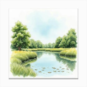 Watercolor Illustration Of The Frensham Ponds In Surrey, Featuring Its Natural Beauty And Serene Atmosphere Canvas Print