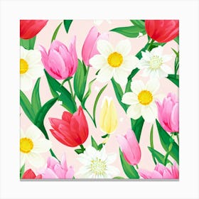 Cartoon Style Digital Painting Of An Isolated Spring Bouquet Featuring Blooming Tulips Roses And D (4) Canvas Print