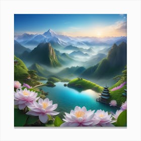 Asian Landscape With Lotus Flowers Canvas Print