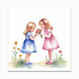 Two Little Girls Holding Flowers Canvas Print