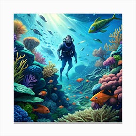 Scuba Diver Exploring A Vibrant Coral Reef Canvas Print