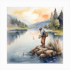 Watercolor Of A Fisherman 1 Canvas Print