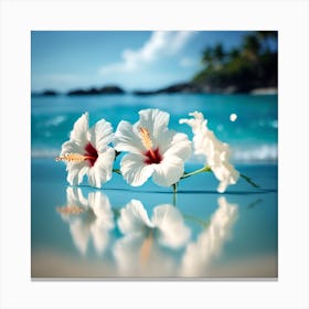 Blue Sea Reflections with White Hibiscus Flowers 1 Canvas Print