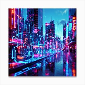 Augmented Reality Interface Holographic Elements Cascading Over A Bustling Cityscape At Dusk Neon 789043003 (4) Canvas Print