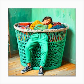 Woman Sleeping In A Laundry Basket Canvas Print