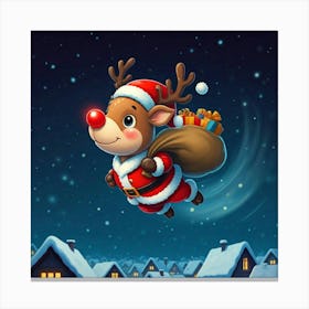 Reindeer Flying In The Sky in santa costumes, with a sack of Christmas presents, in a starry night Canvas Print