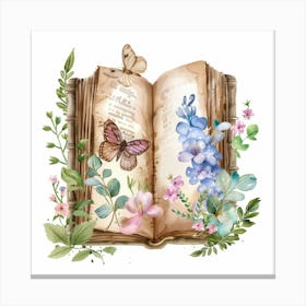 Watercolor Book With Flowers And Butterflies Canvas Print