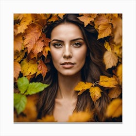 Portrait Of Beautiful Woman In Autumn Leaves Canvas Print
